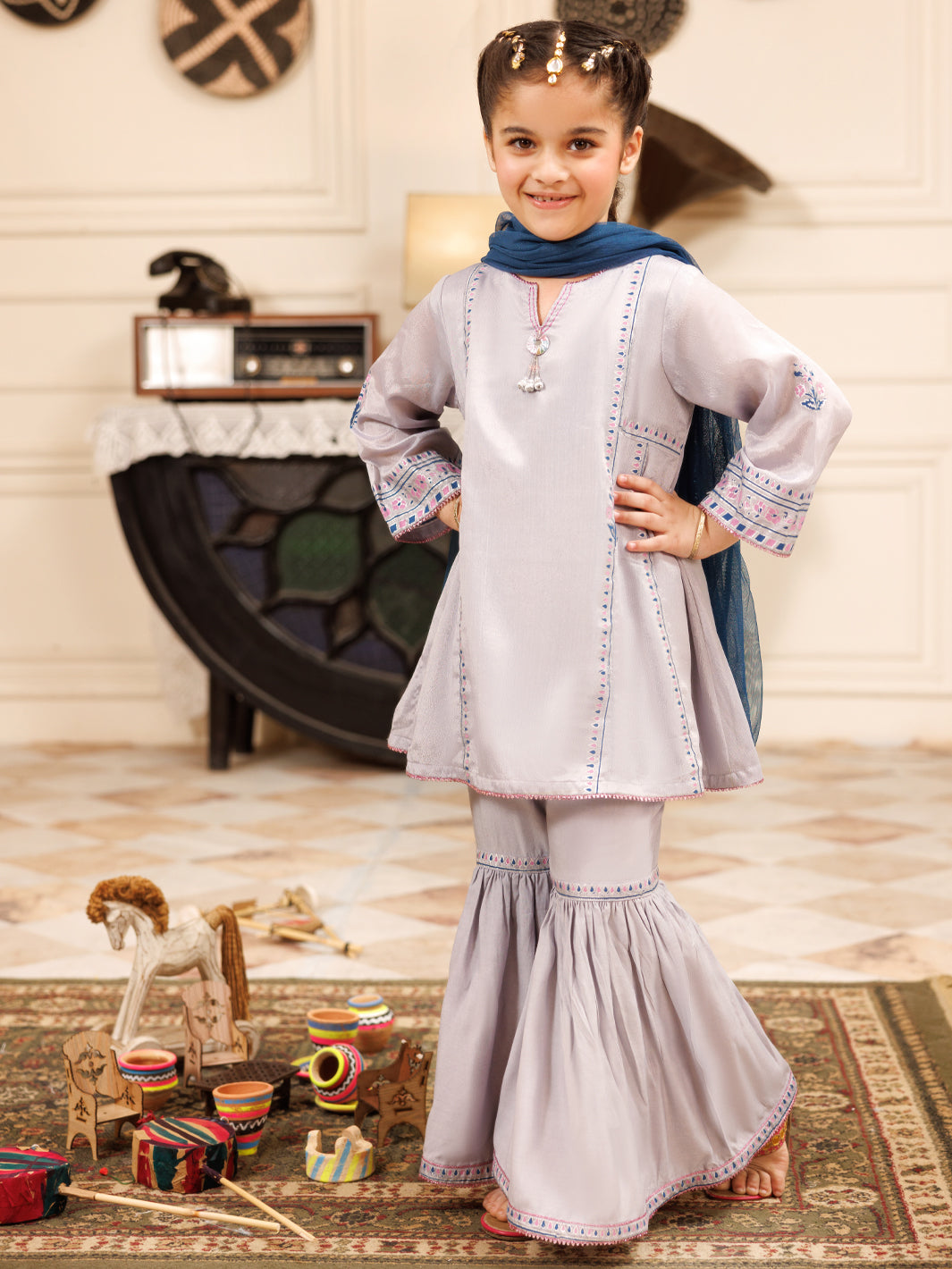 Grey Poly Silk Formal 3Pc Stitched - ALGR-3PS-LS-025