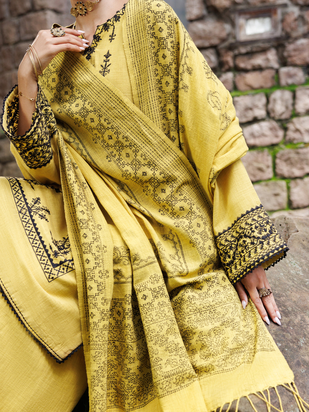 Yellow Crosshatch 3Pc Stitched - AWP-3PS-1019