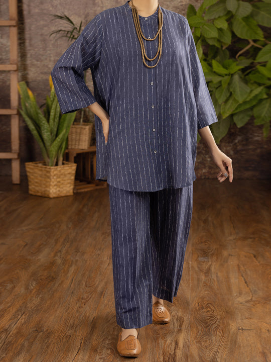 Blue Linen 2 Piece Stitched - ALCR-2PS-LKS-1101 - Almirah Online