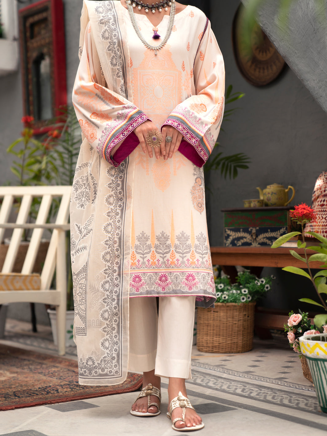 Off White Yarn-Dyed Jacquard 3Pc Unstitched - AWP-3PS-555