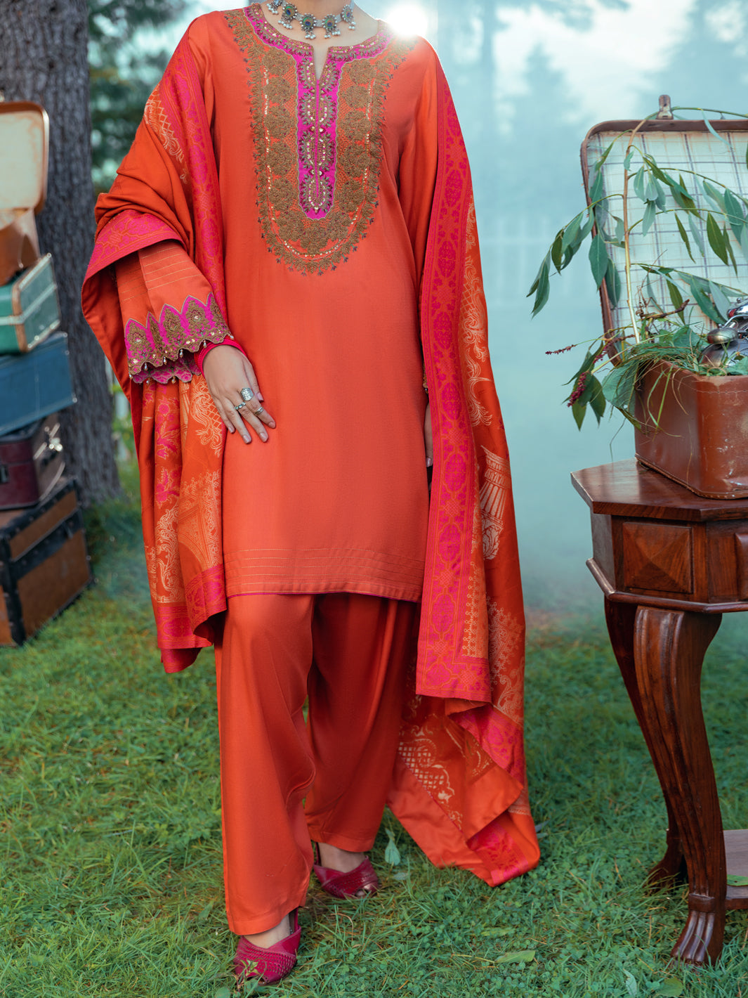 Rust Viscose Dobby 3Pc Stitched - AWP-3PS-533