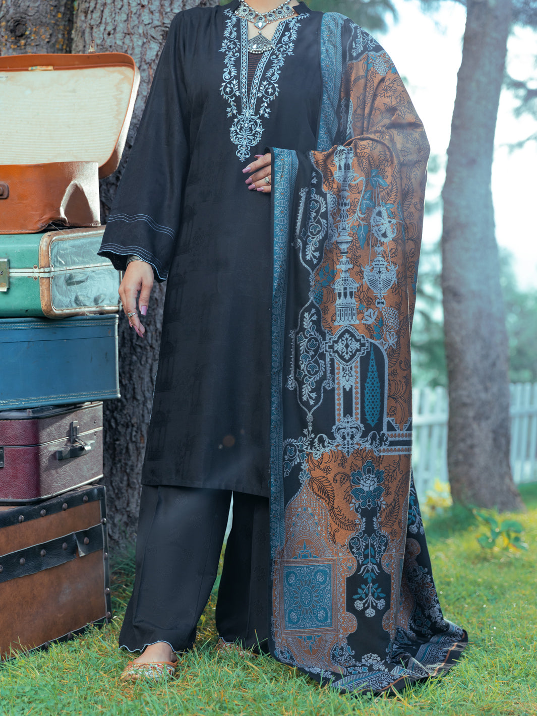 Black Yarn-Dyed Jacquard 3 Piece Unstitched - AWP-3PS-537