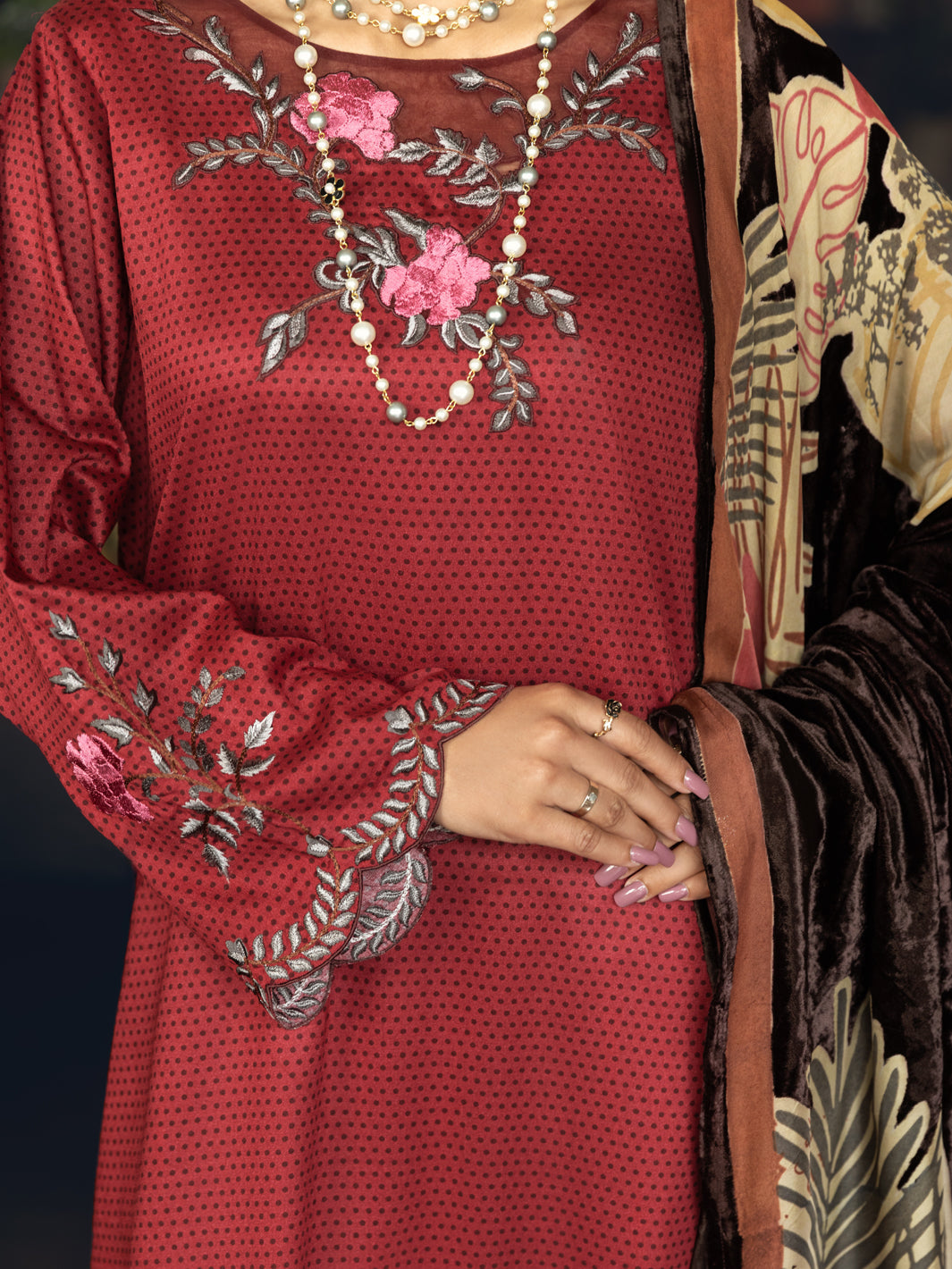 Maroon Viscose Twill 3Pc Unstitched - AWP-3PS-542