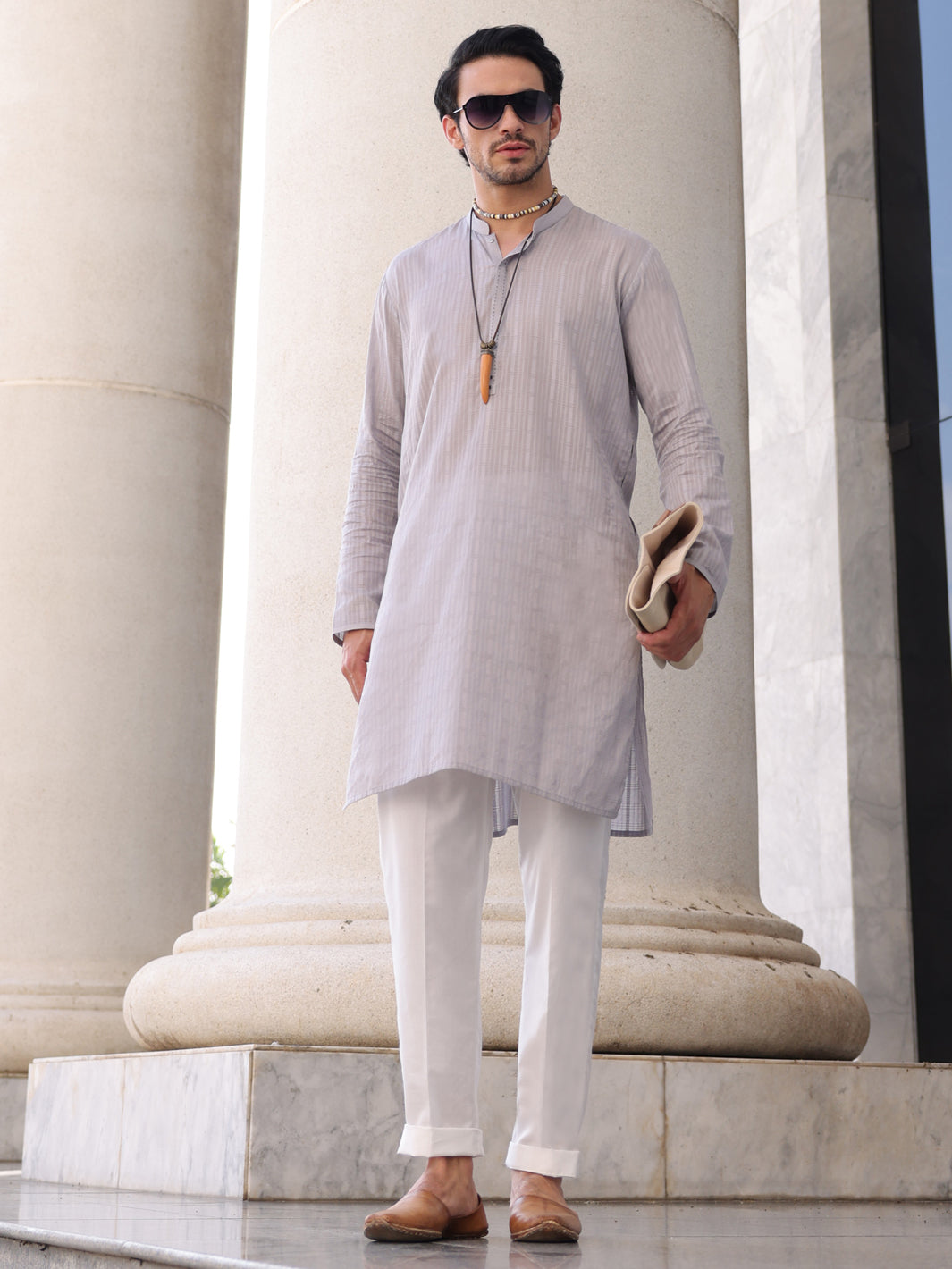Light Grey Cotton Kurta - AL-K-1145A - Almirah Online
