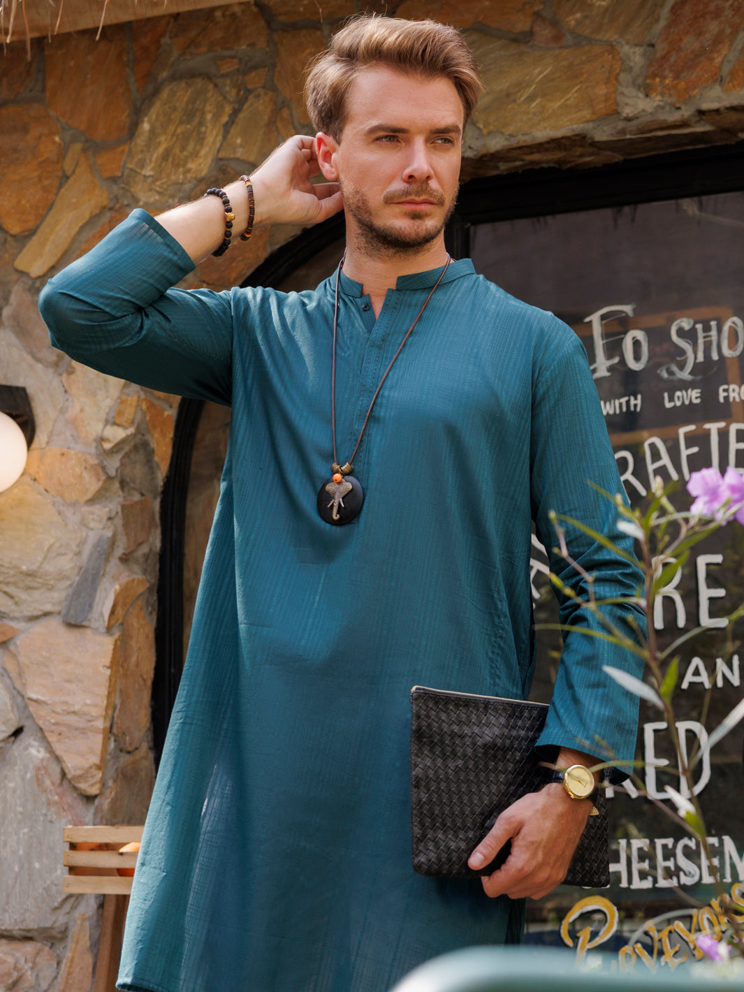 Teal Blue Cotton Kurta - AL-K-1146A - Almirah Online