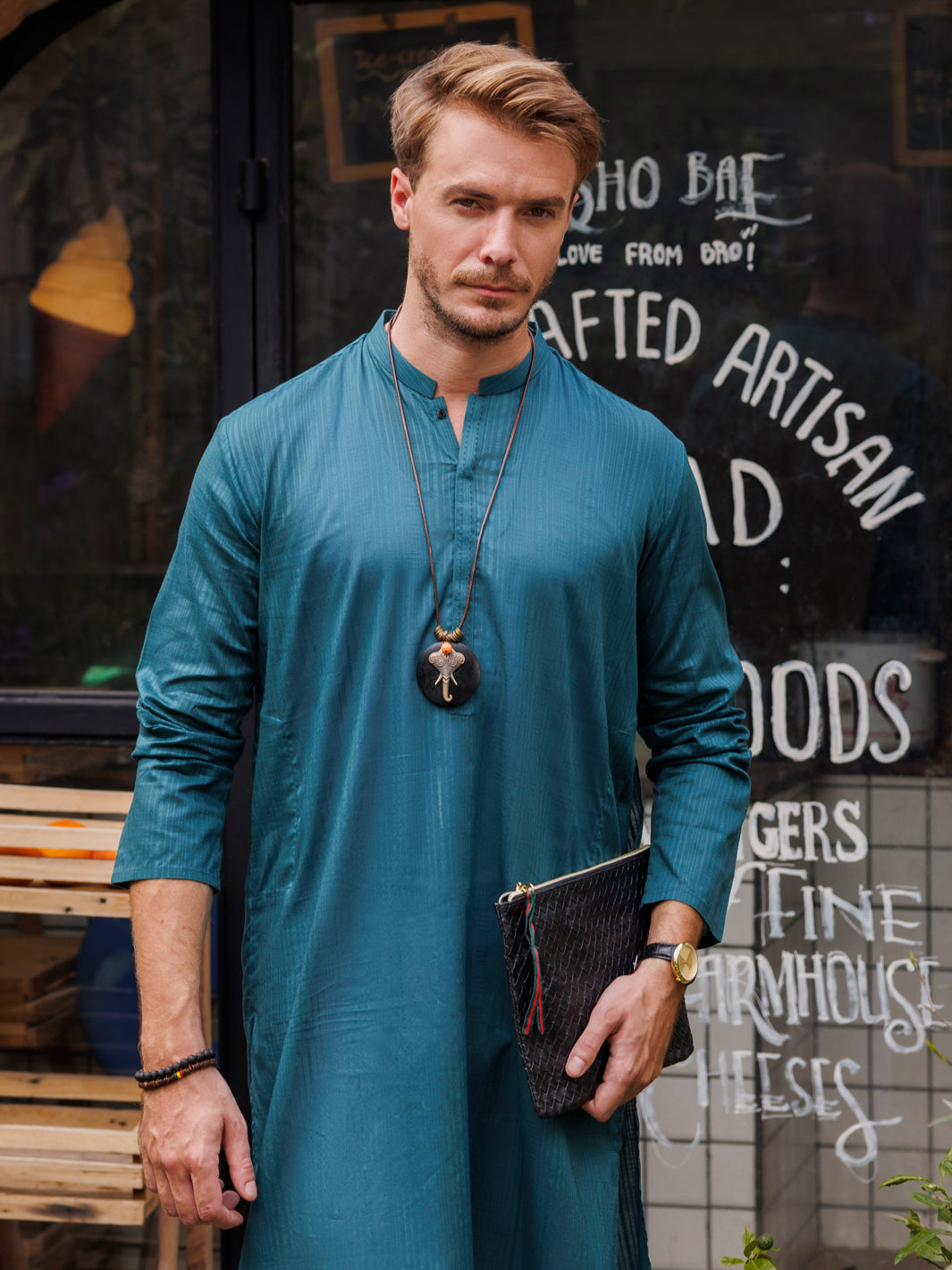 Teal Blue Cotton Kurta - AL-K-1146A - Almirah Online