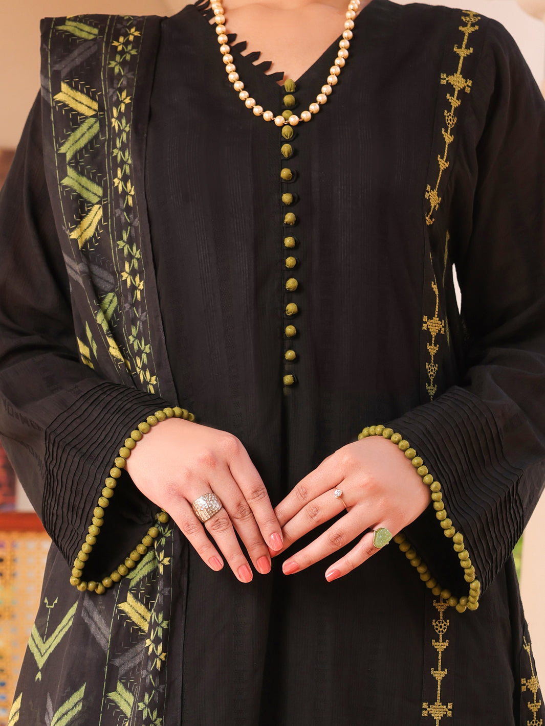 Black Dobby Lino Kara 3 Piece Stitched - ALP-3PS-1671