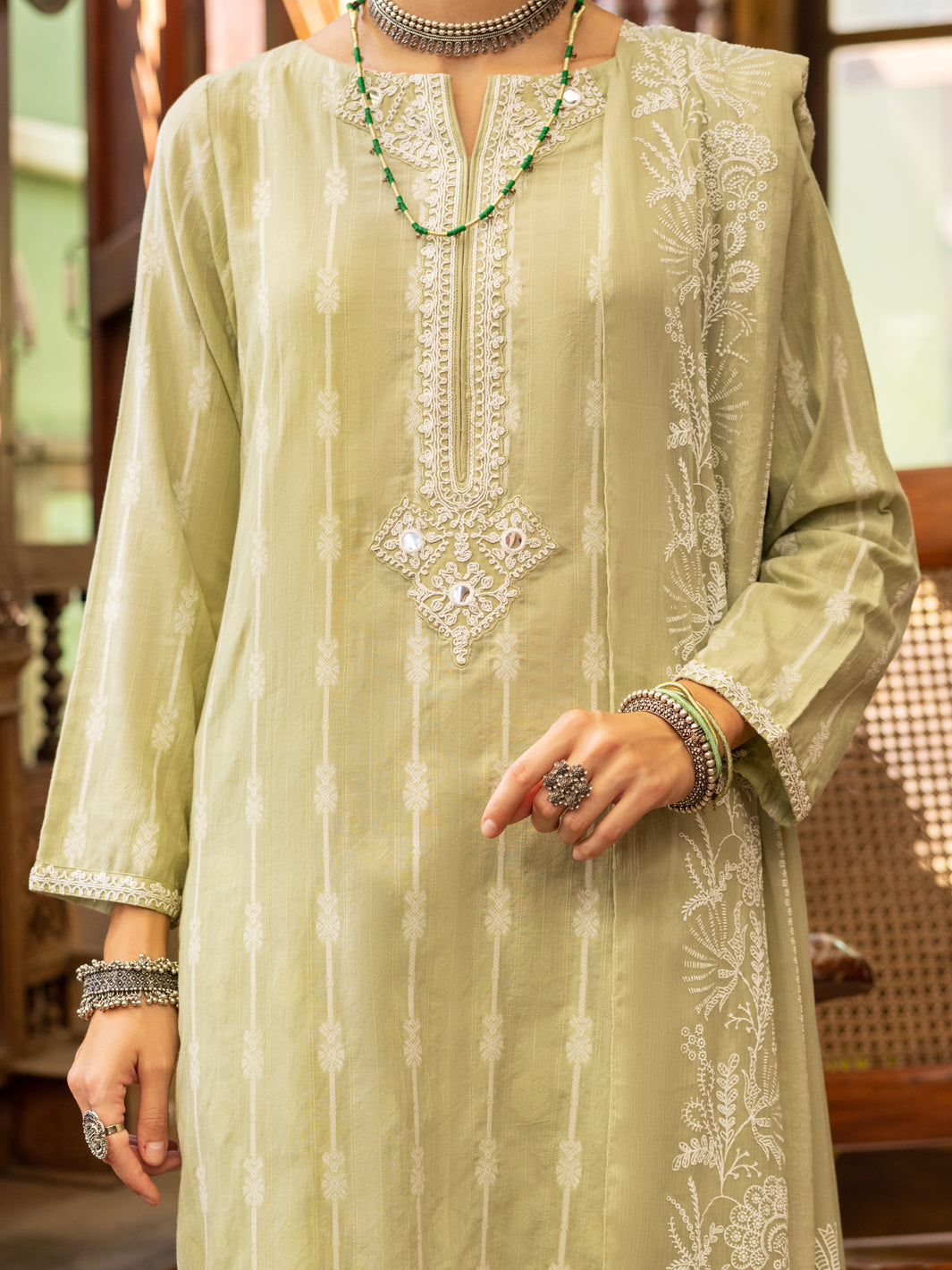 Pistachio Green Yarn-Dyed Jacquard 3 Piece Stitched - ALP-3PS-1860 - Almirah Online