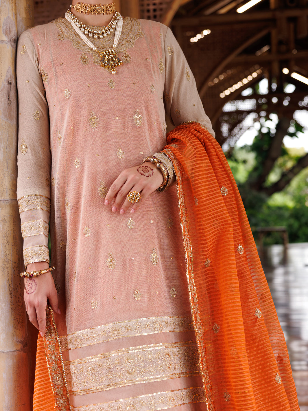 Mustard Cotton Khaddi Net 3Pc Stitched - ALP-3PS-2028