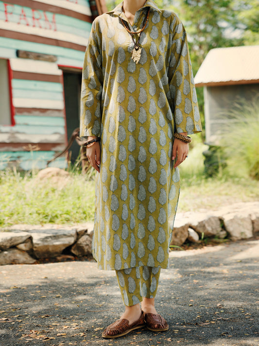 Mehndi Green Lawn Co-ord Set - ALP-2PS-SLKS-2075