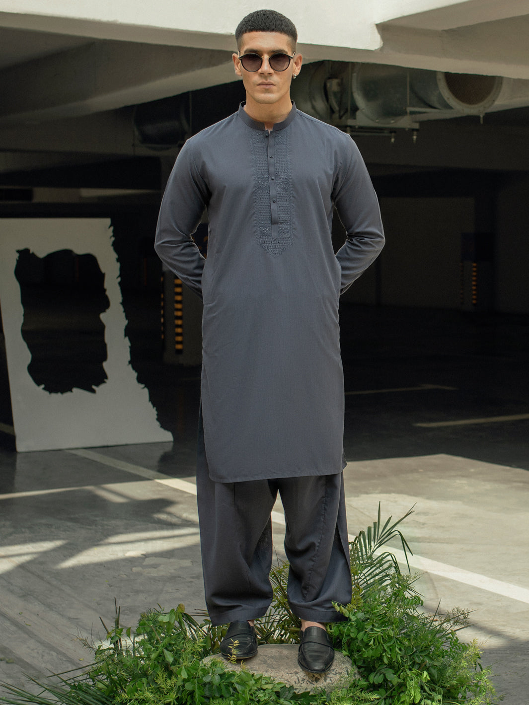 Charcoal Grey Blended Kameez Shalwar - AL-KS-2926