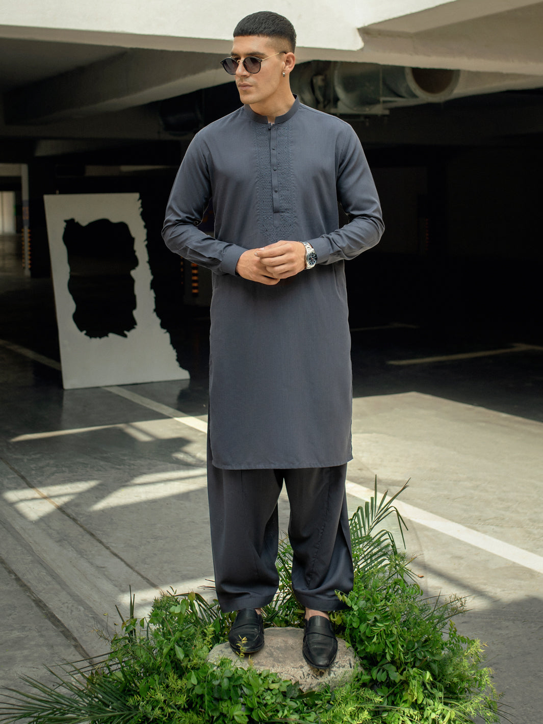 Charcoal Grey Blended Kameez Shalwar - AL-KS-2926