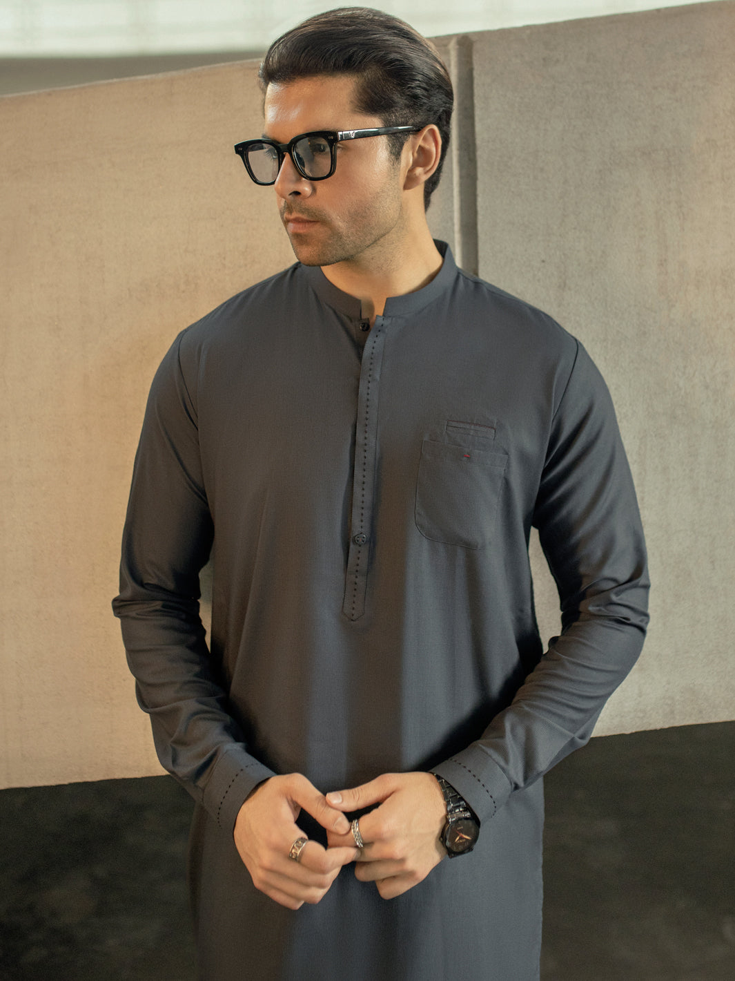 Charcoal Grey Blended Kameez Shalwar - AL-KS-2950