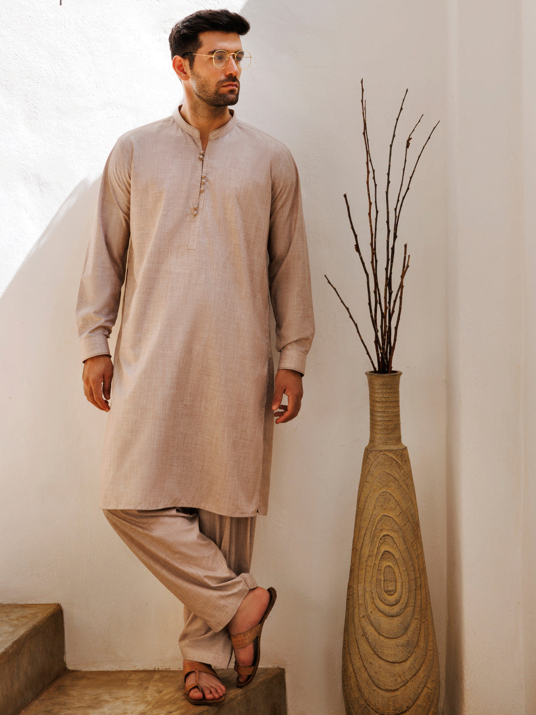 Light Brown Blended Kameez Shalwar - AL-KS-3103