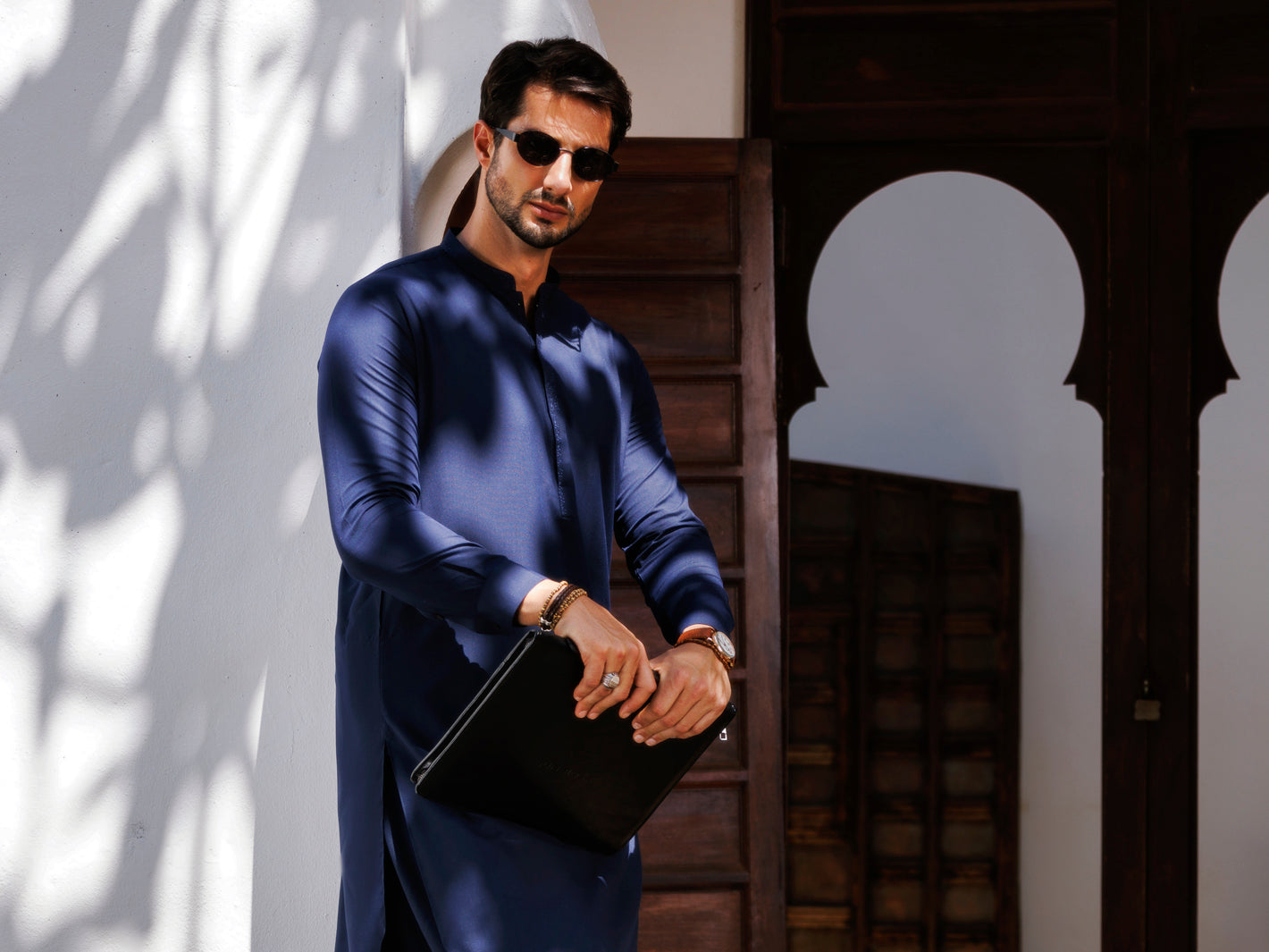 Navy Blue Blended Kameez Shalwar - AL-KS-3177
