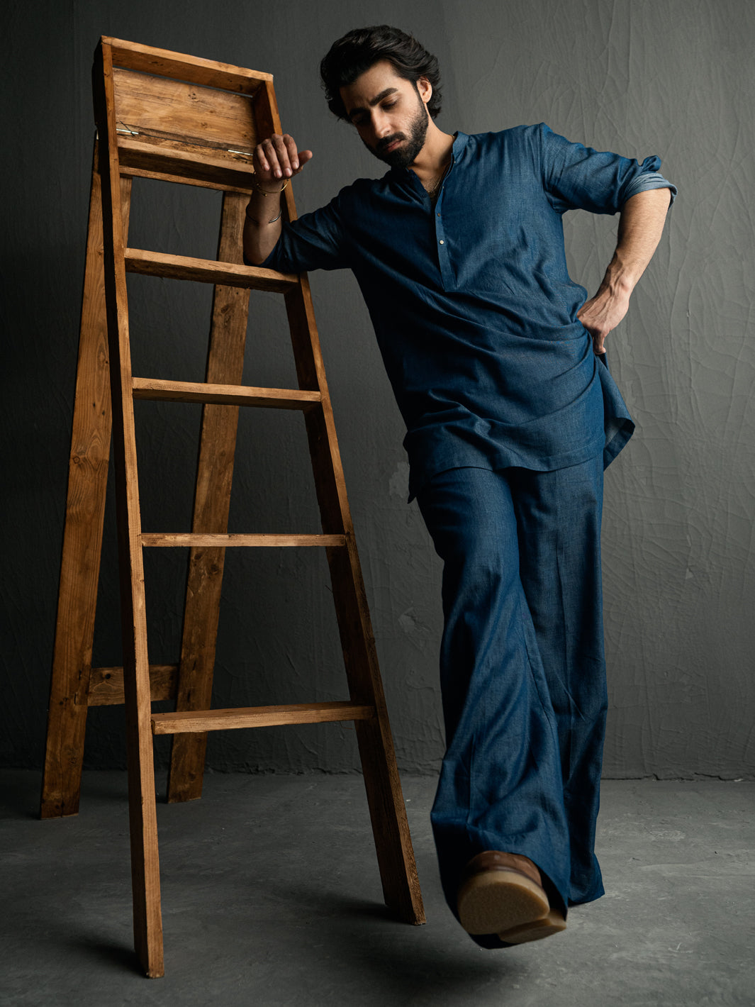Denim Blue Blended Kurta Trousers - AL-KT-3263