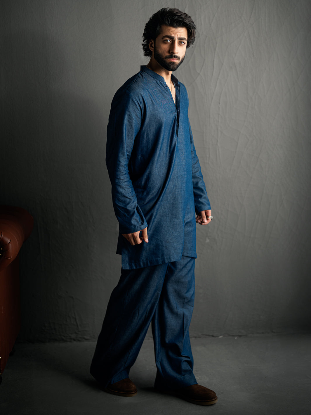 Denim Blue Blended Kurta Trousers - AL-KT-3263