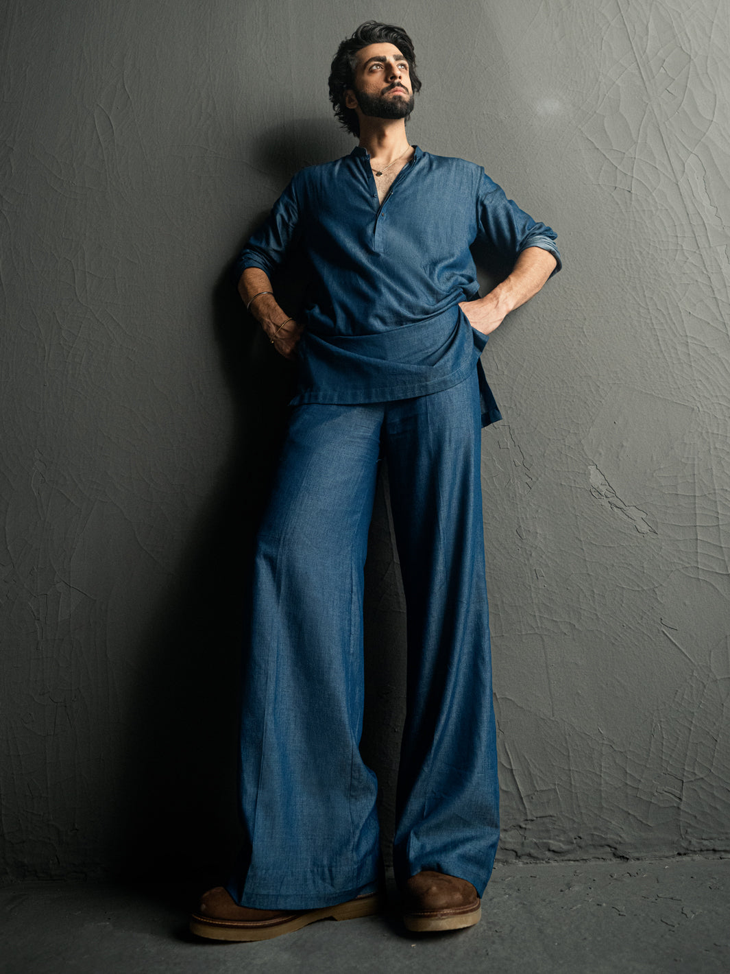 Denim Blue Blended Kurta Trousers - AL-KT-3263