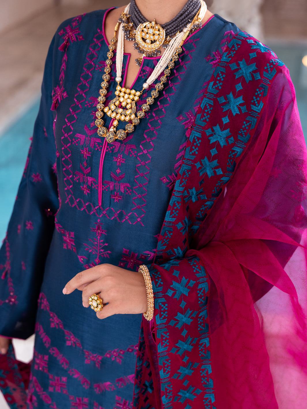 Teal Sheesha Silk Formal 3Pc Stitched - AL-3PS-LS-463