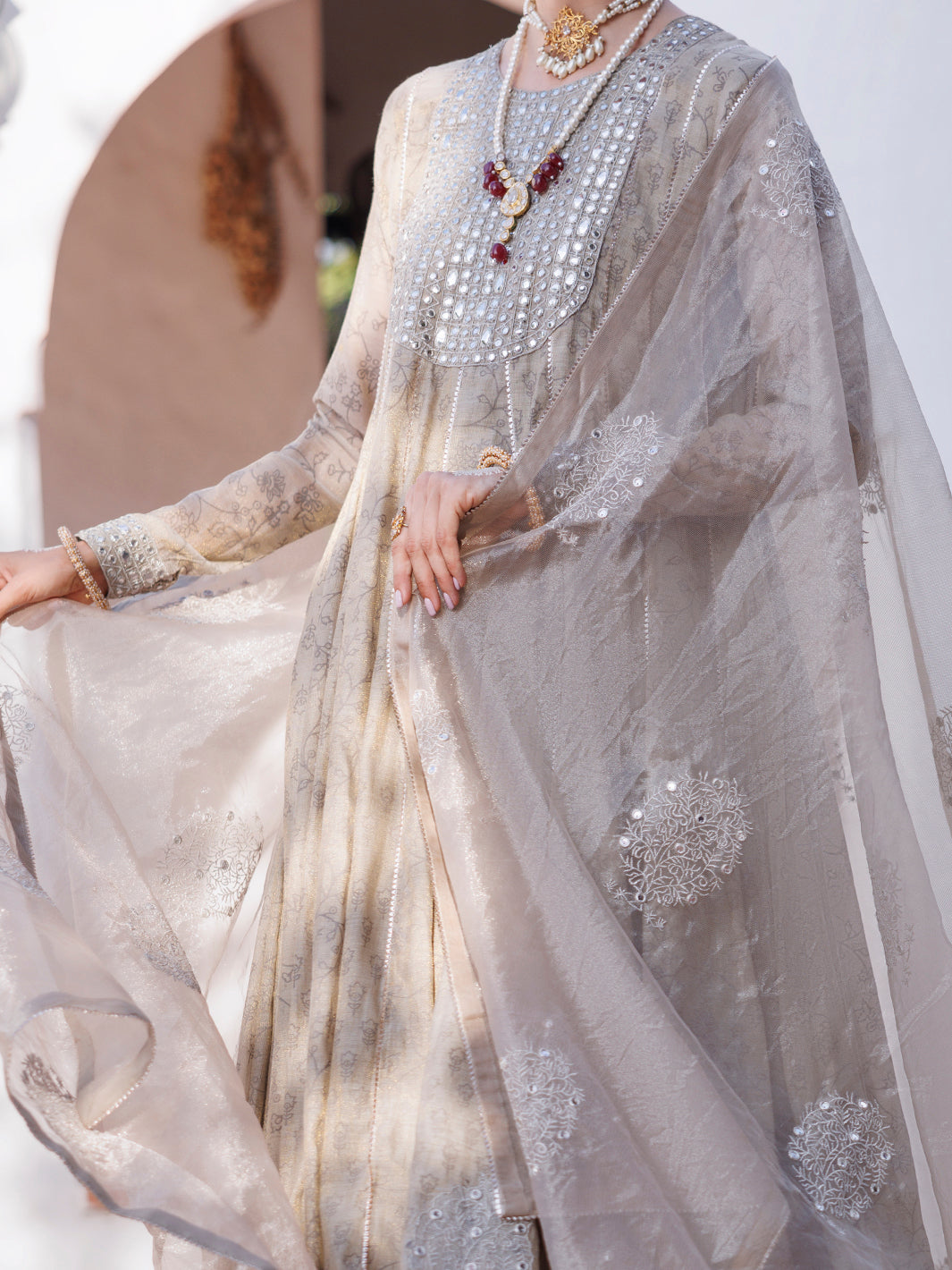 Grey Mesuri Net Formal 3Pc Stitched - AL-3PS-LS-489