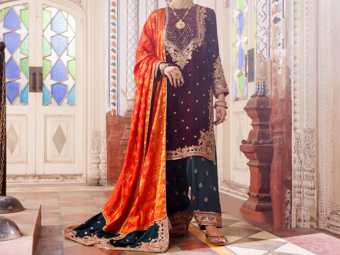 Maroon Velvet Formal 3Pc Unstitched - AL-3PS-LS-UN-493