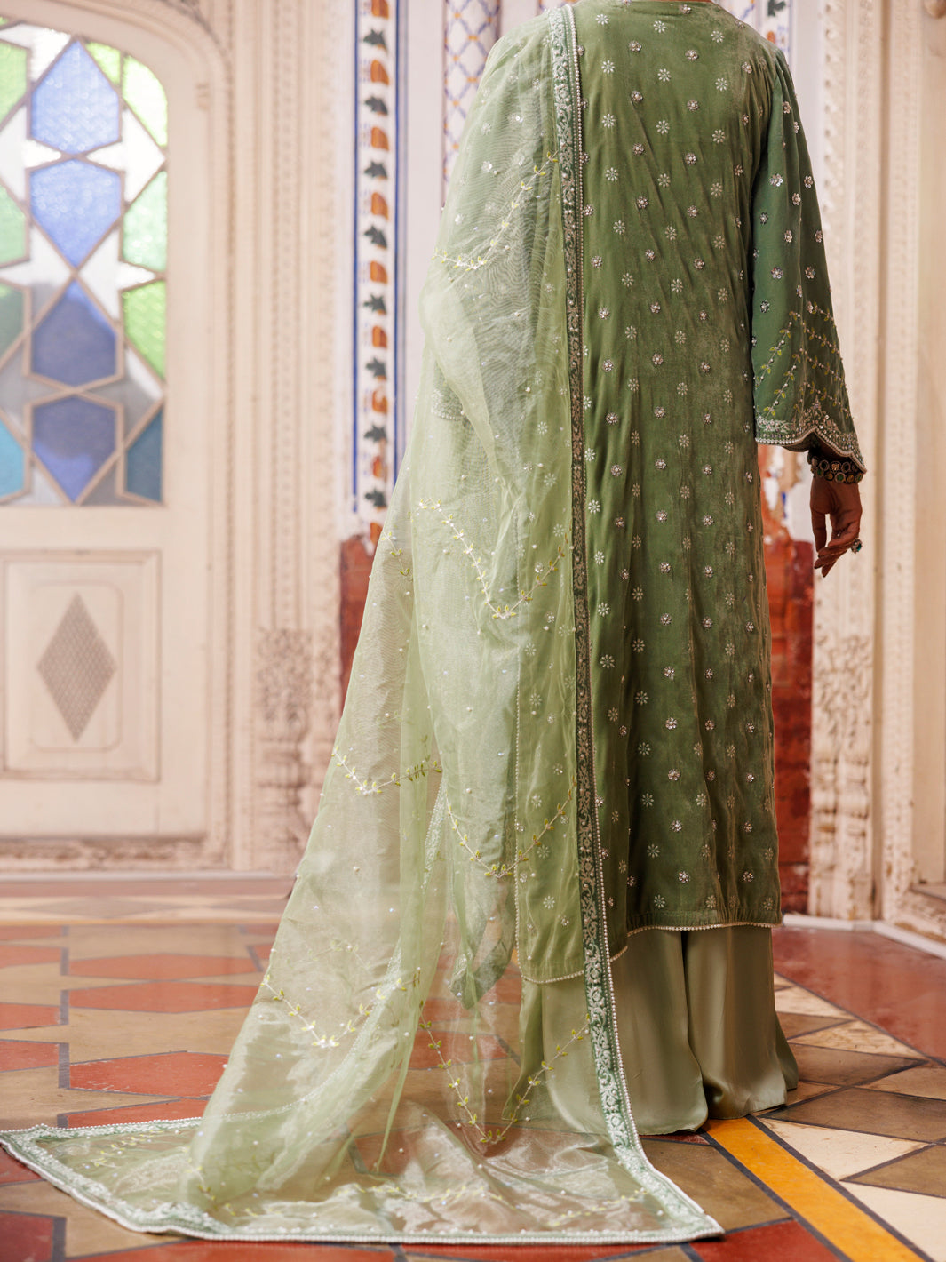 Pistachio Green Velvet Formal 3Pc Unstitched - AL-3PS-LS-UN-497