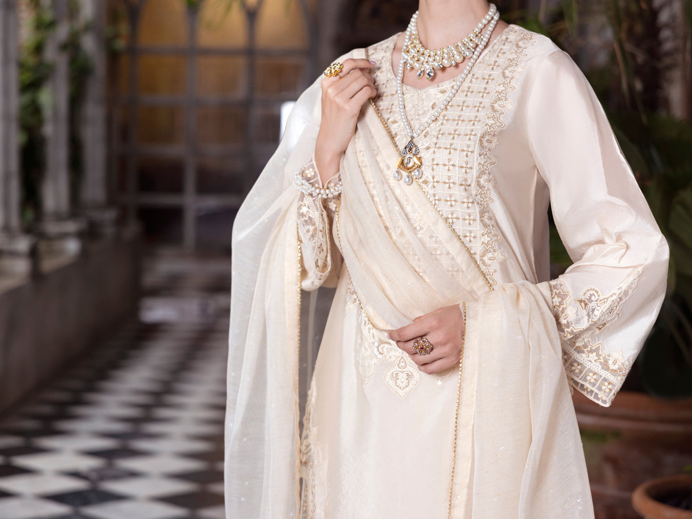 Off White Raw Silk Formal 3Pc Stitched - AL-3PS-LS-504