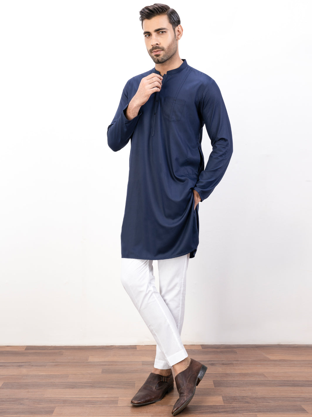 Navy Blue Blended Kurta - AL-K-1118