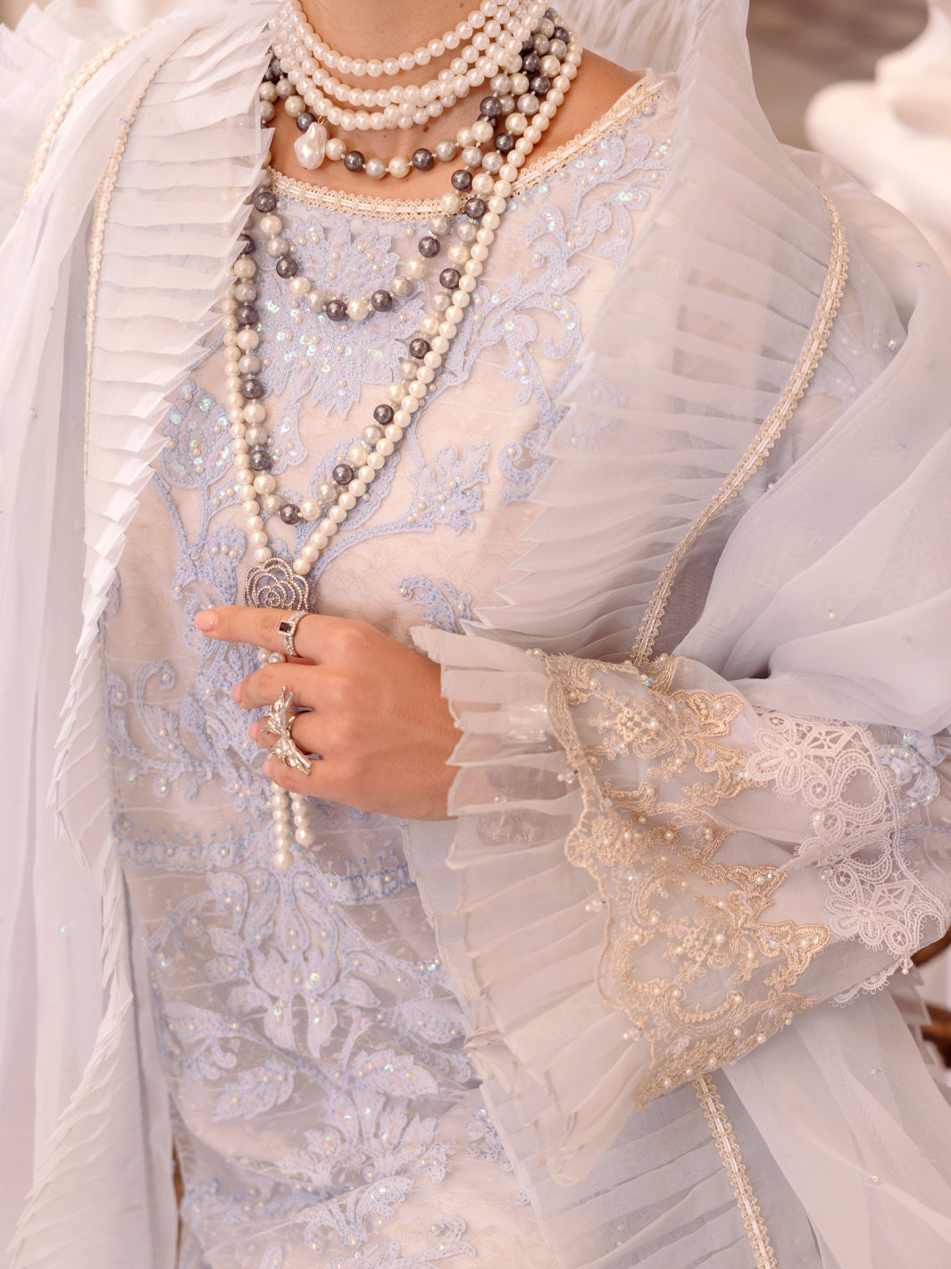 Sky Blue China Fabric Formal 3Pc Stitched - AL-3PS-LS-509