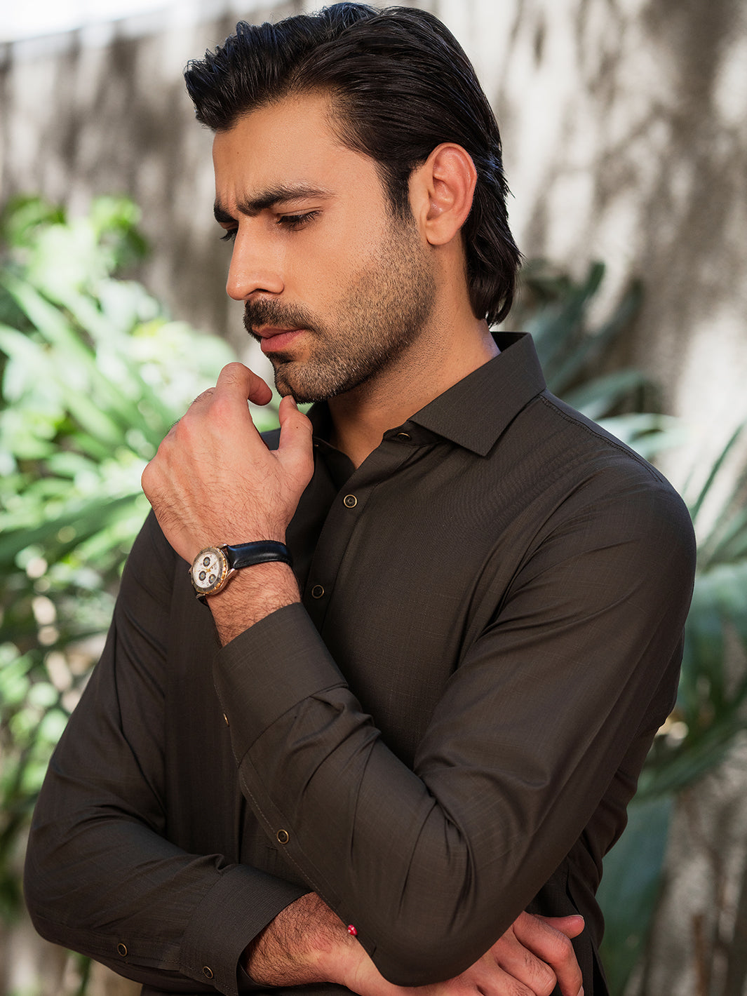 Olive Green Blended Kameez Shalwar - ALWA-KS-530