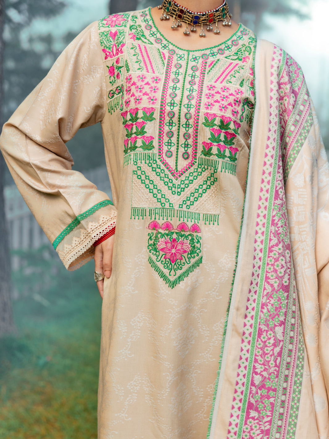 Cream Jacquard 3 Piece Stitched - AWP-3PS-538