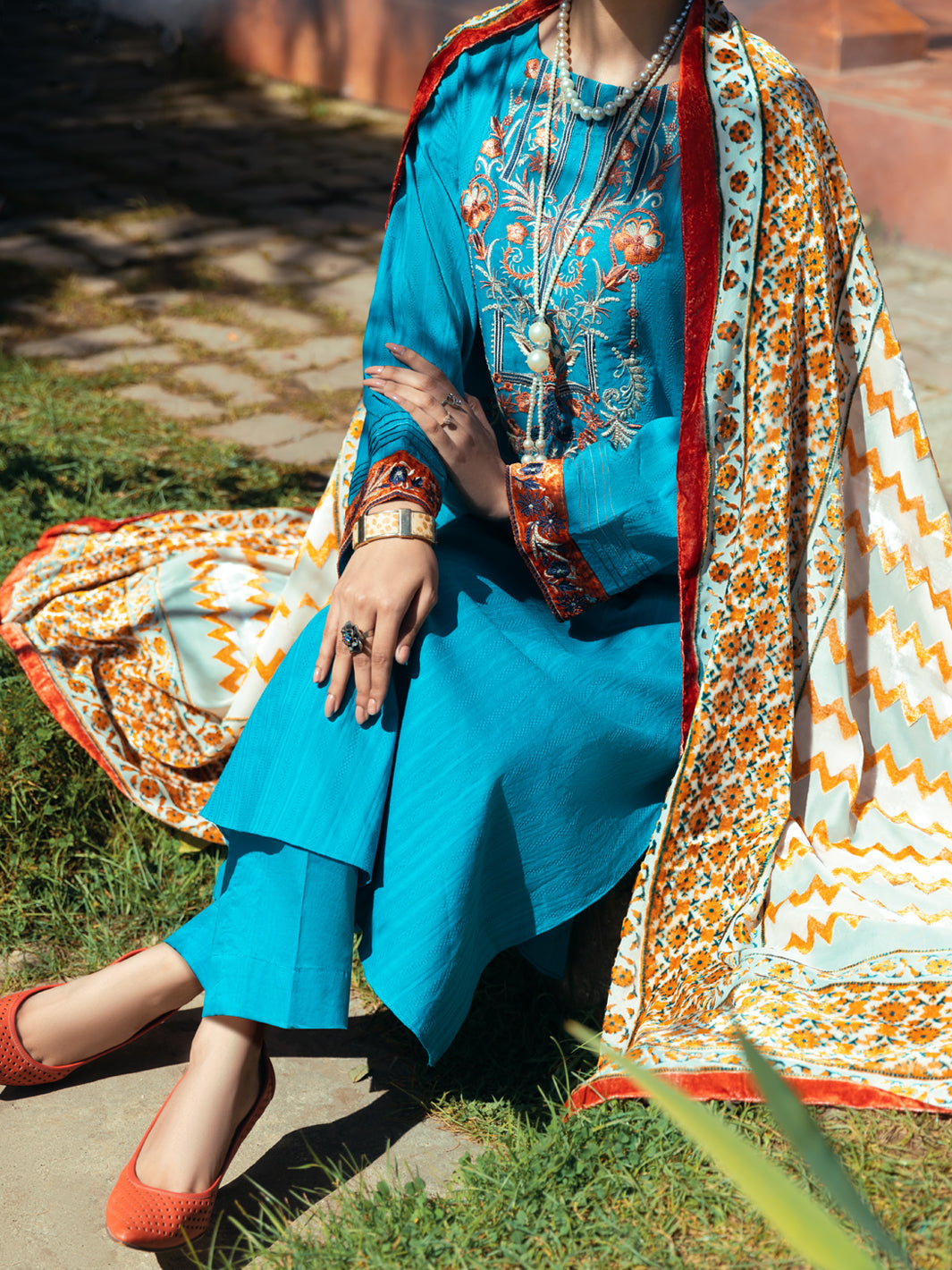 Turquoise Dobby Jacquard 3 Piece Stitched - AWP-3PS-584