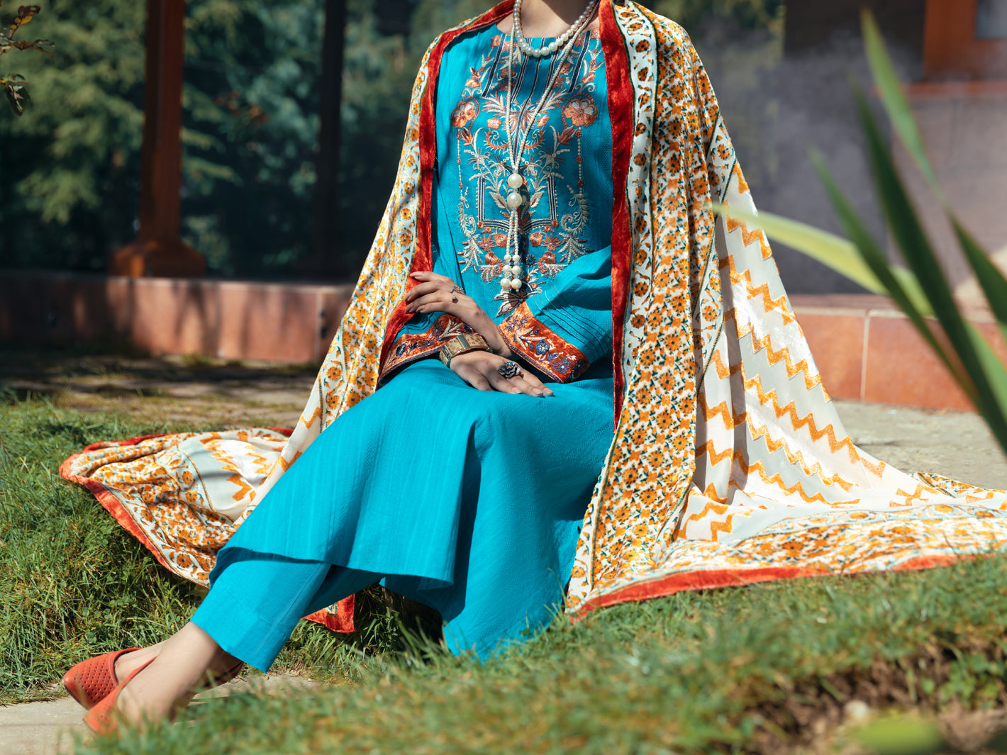 Turquoise Dobby Jacquard 3 Piece Stitched - AWP-3PS-584