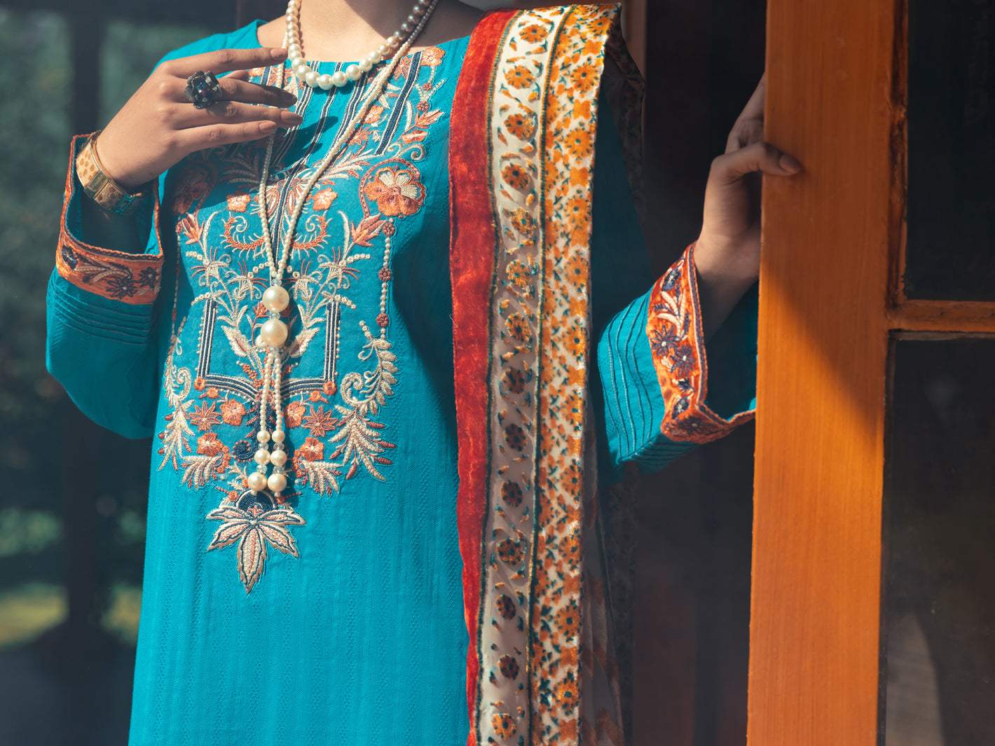 Turquoise Dobby Jacquard 3 Piece Stitched - AWP-3PS-584