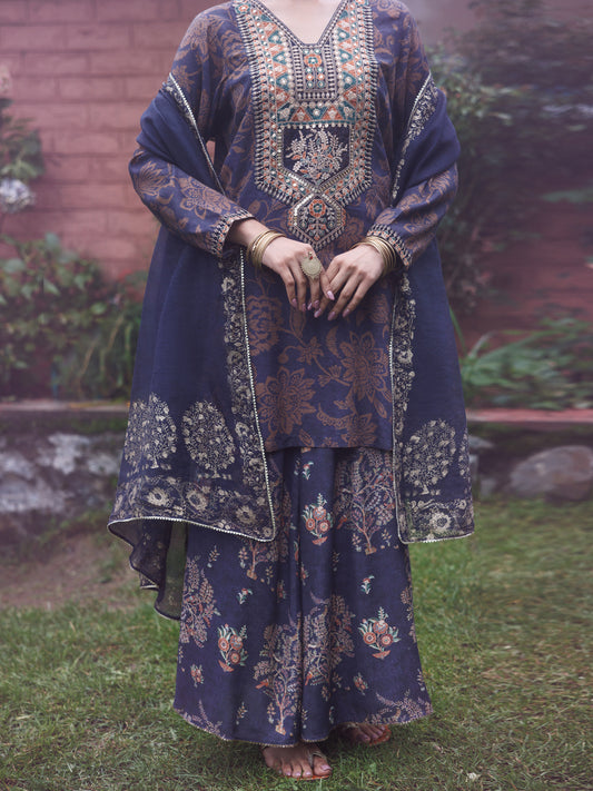 Navy Blue Poly-Raw Silk 3Pc Stitched - AWP-3PS-755