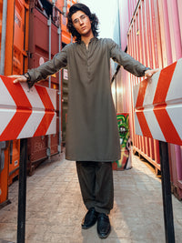 Olive Green Cut & Sew Kameez Shalwar - AL-KS-3265