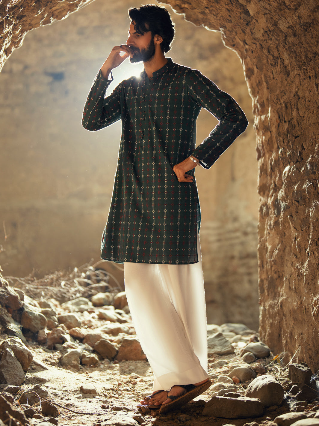 Green Cotton Semi-Formal Kurta - AL-K-1288