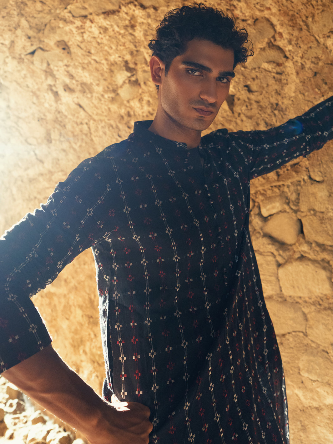 Black Cotton Semi-Formal Kurta - AL-K-1289
