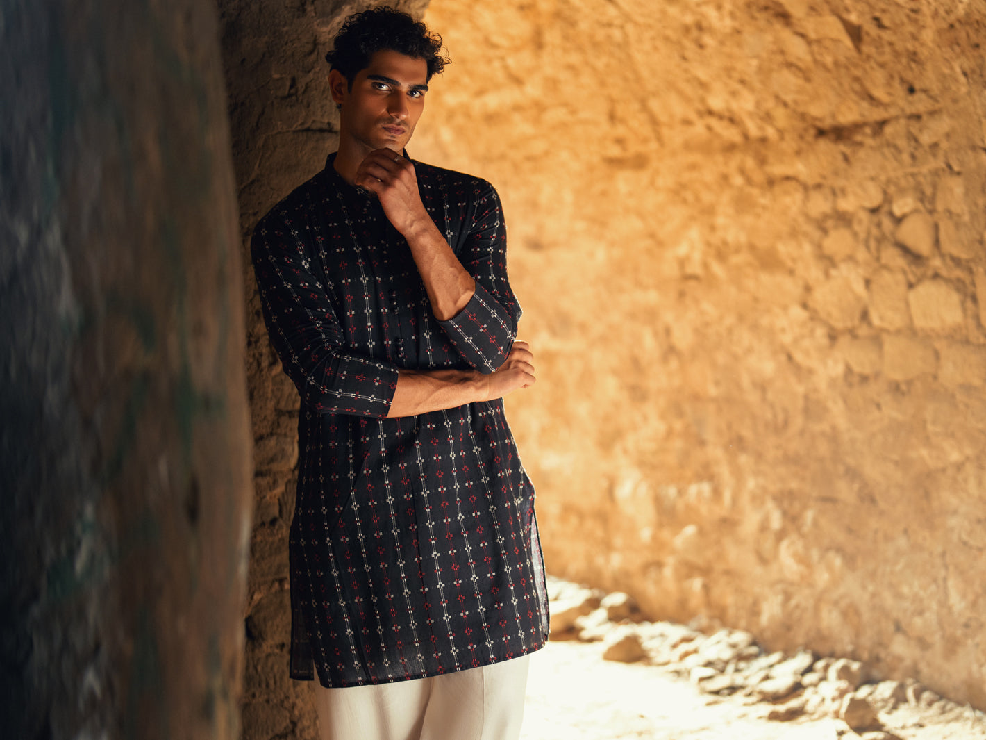 Black Cotton Semi-Formal Kurta - AL-K-1289