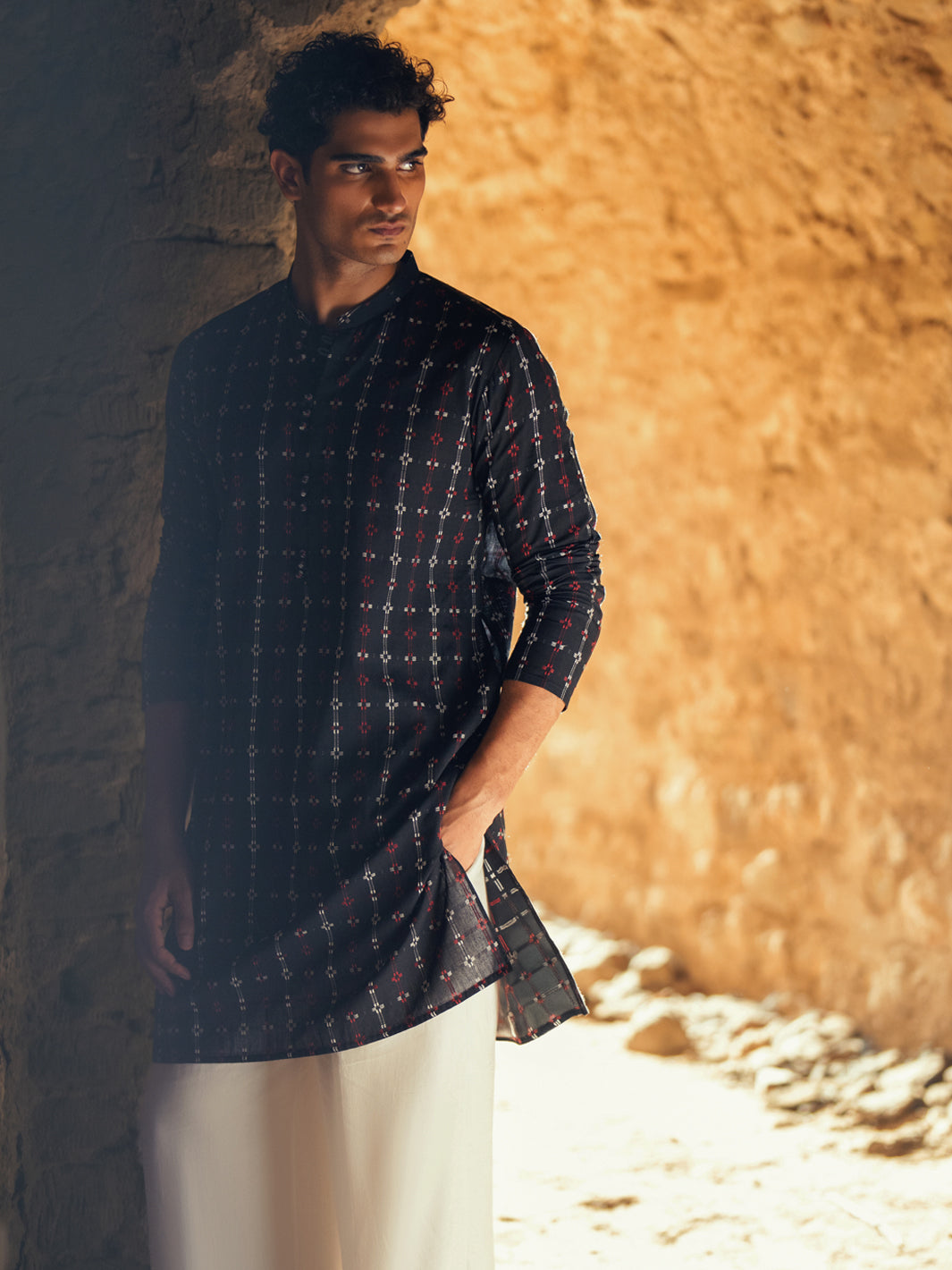 Black Cotton Semi-Formal Kurta - AL-K-1289