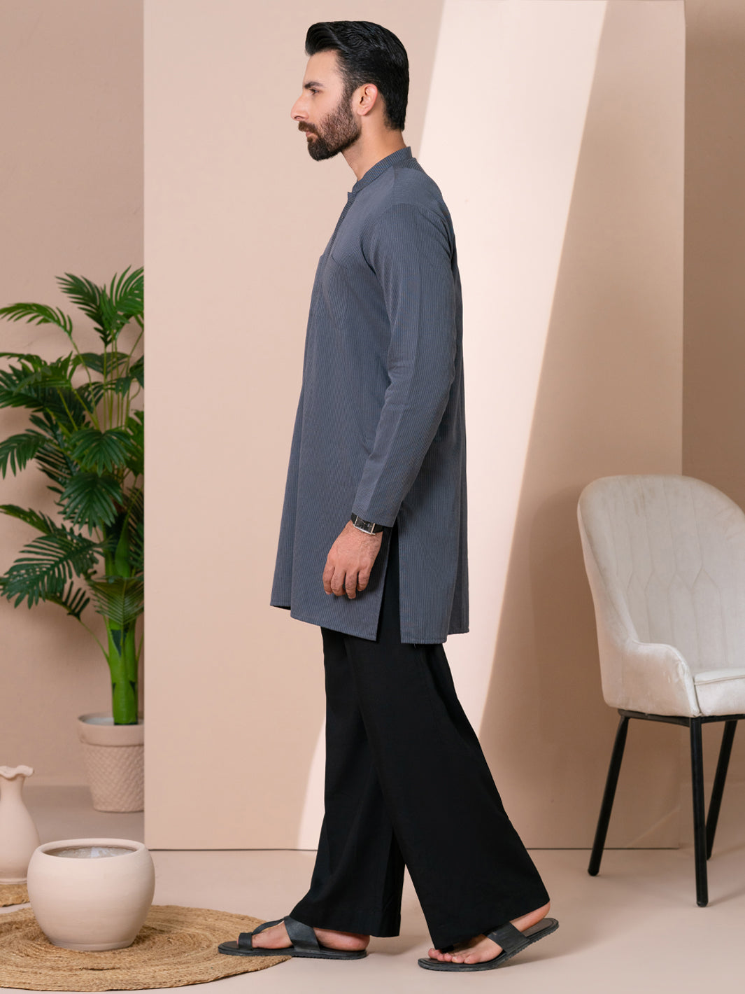 Grey Cotton Plain Kurta - AL-K-1313