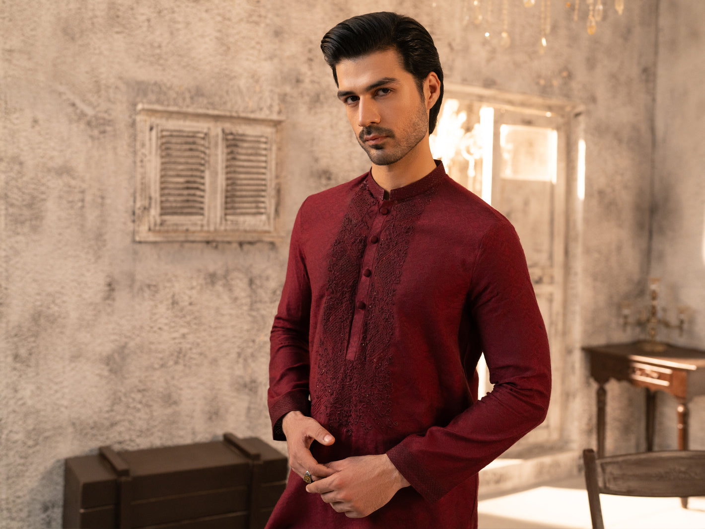 Maroon Formal Embroidered Kurta - AL-K-SP-068