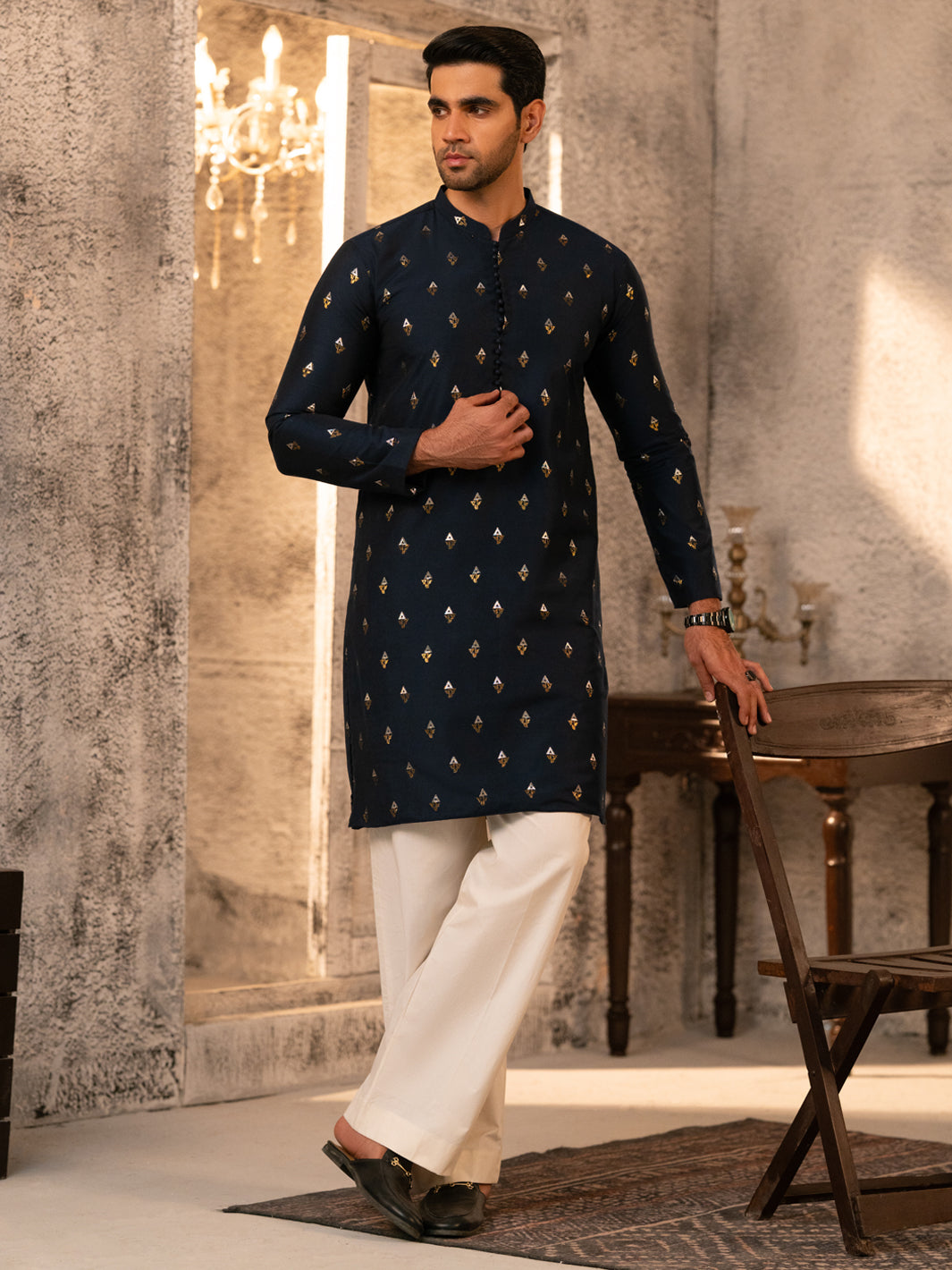 Navy Blue Formal Brocade Kurta - AL-K-SP-071