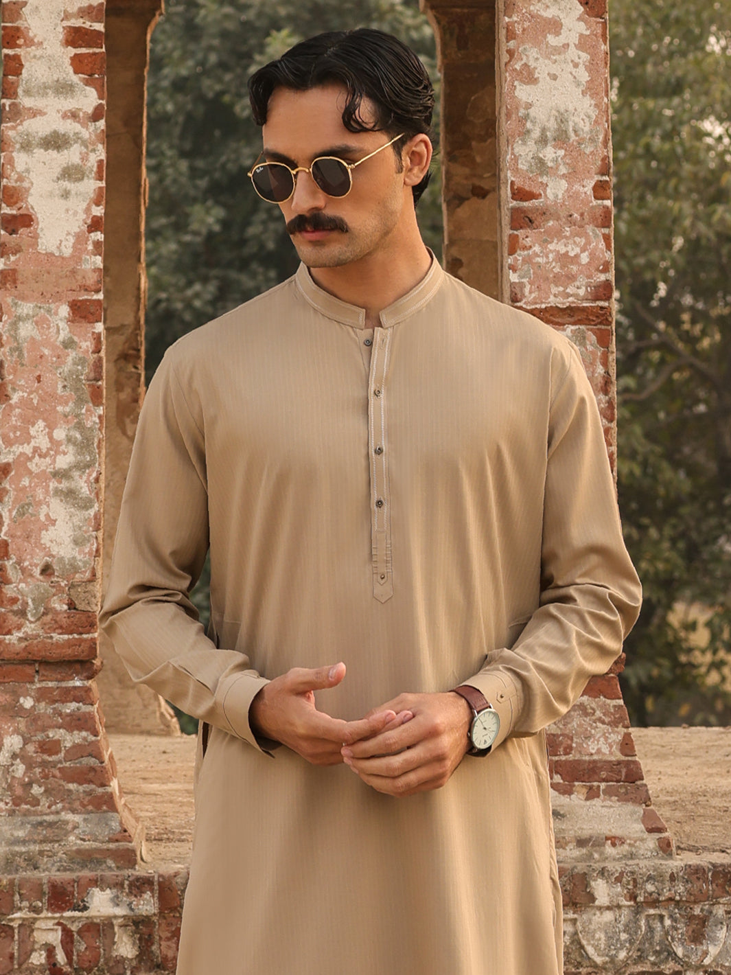 Sand Brown Cut & Sew Kameez Shalwar - AL-KS-3259A