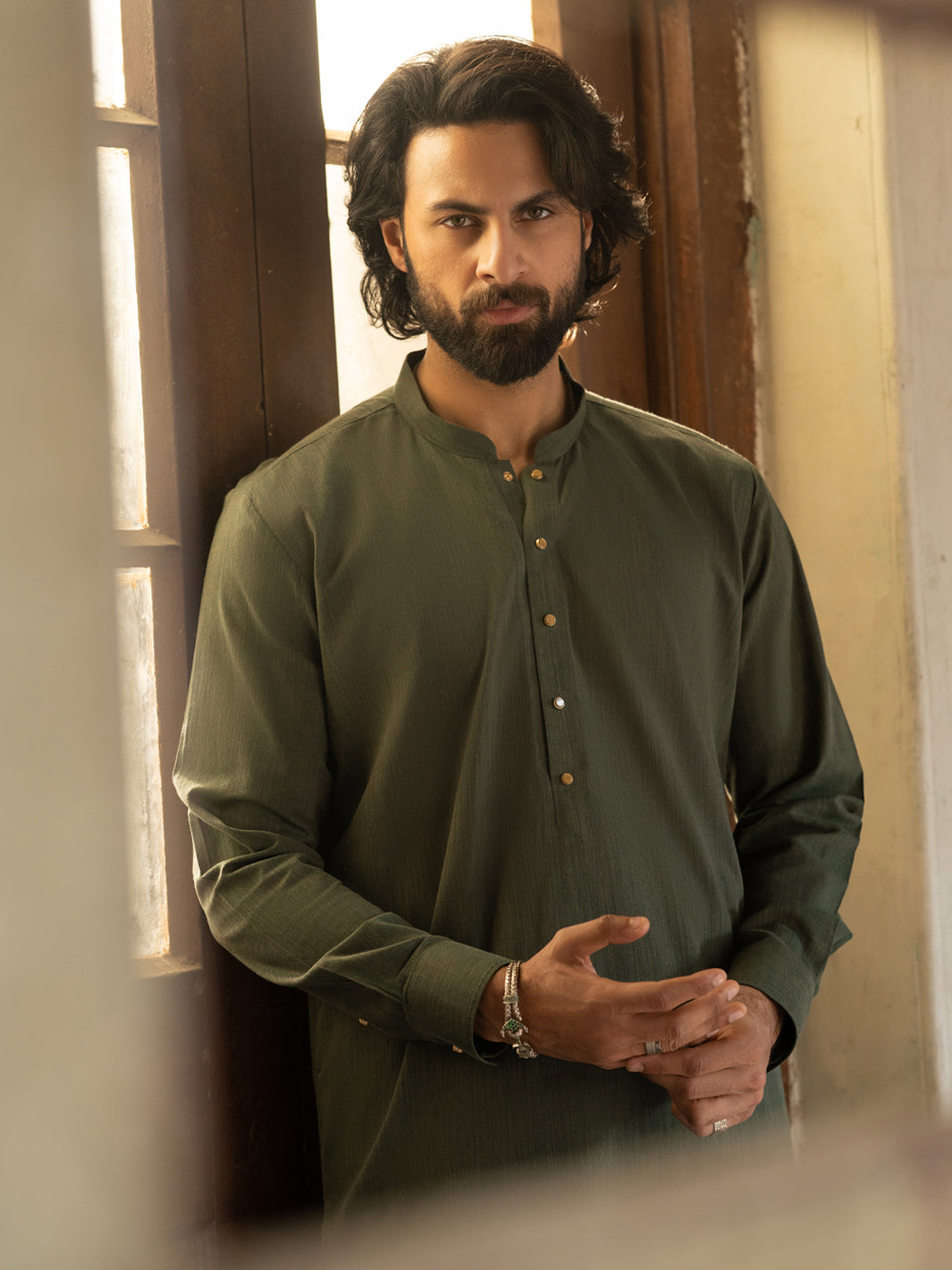 Olive Green Cut & Sew Kameez Shalwar - AL-KS-3503