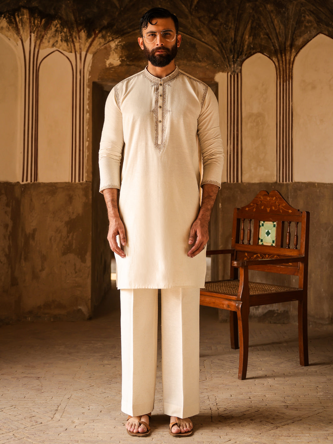 Off White Cut & Sew Kurta Trousers - AL-KT-3294