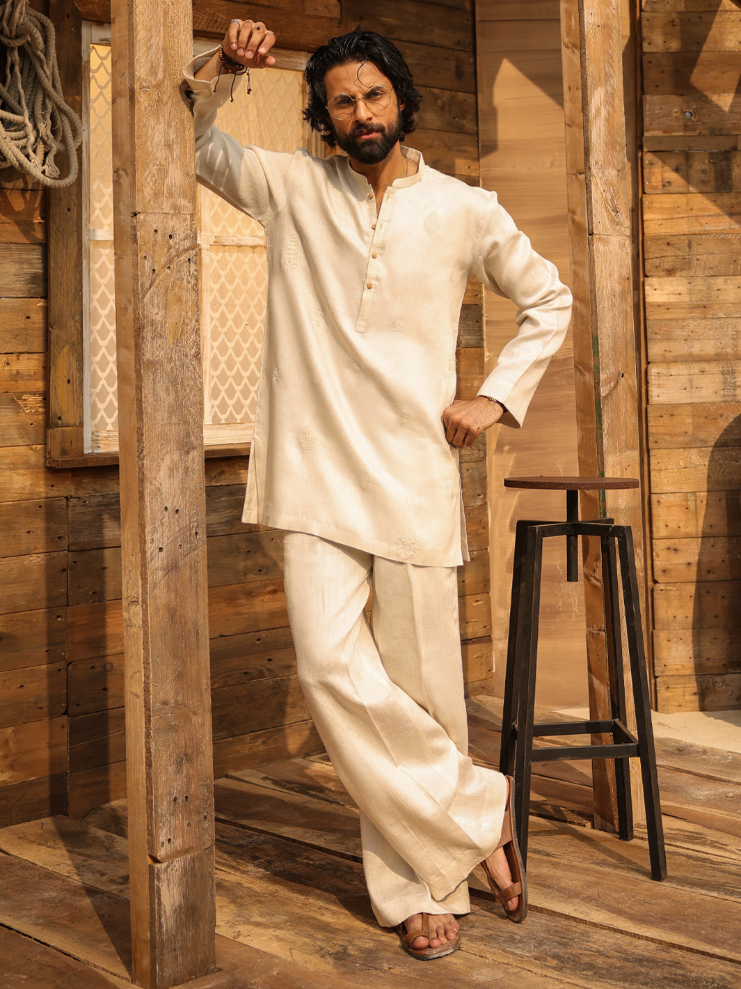 Off White Cotton Semi-Formal Kurta Trousers - AL-KT-3314