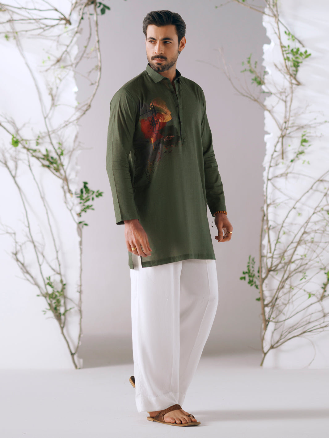 Dark Green Cotton Plain Kurta Trousers - AL-KT-3413