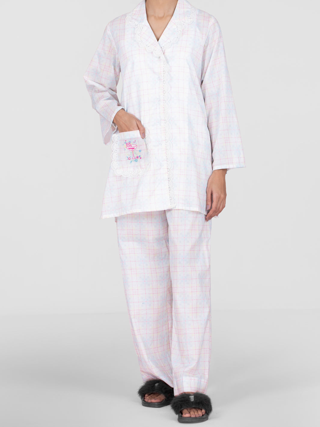 White Cotton 2Pc Stitched Nightwear - AL-LKS-NW-1013