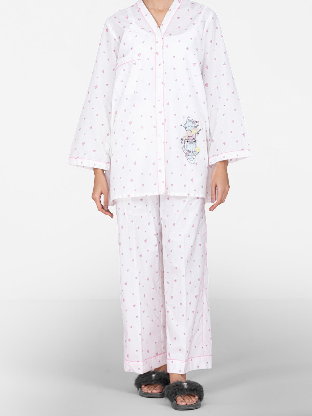 White Cotton 2Pc Stitched Nightwear - AL-LKS-NW-1014
